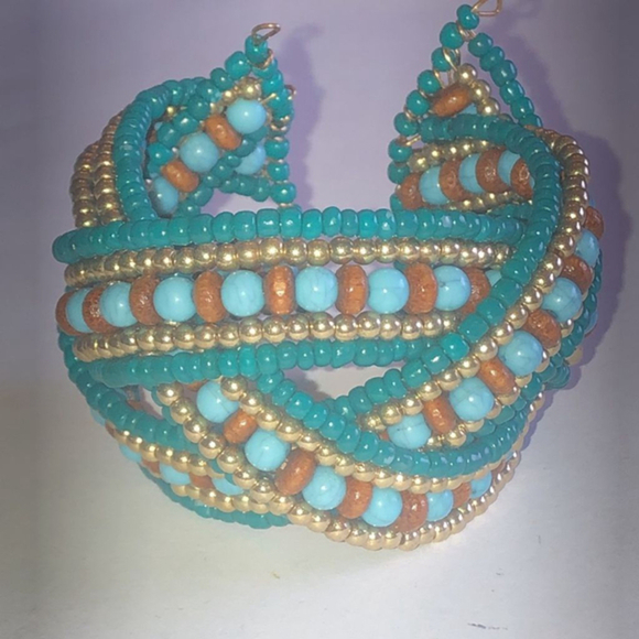 Jewelry - Teal & Tan Wooden Seed Bead Beaded Criss Cross Boho Cuff Bracelet